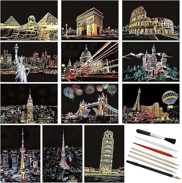 12 Sheets Scratch Painting, Sketch Pads DIY Art Craft City Series Night View Scratchboard for Adults and Kids, Craft Art Kits with 6 Tools-(7.8 X 5.5 Inches SIZE)