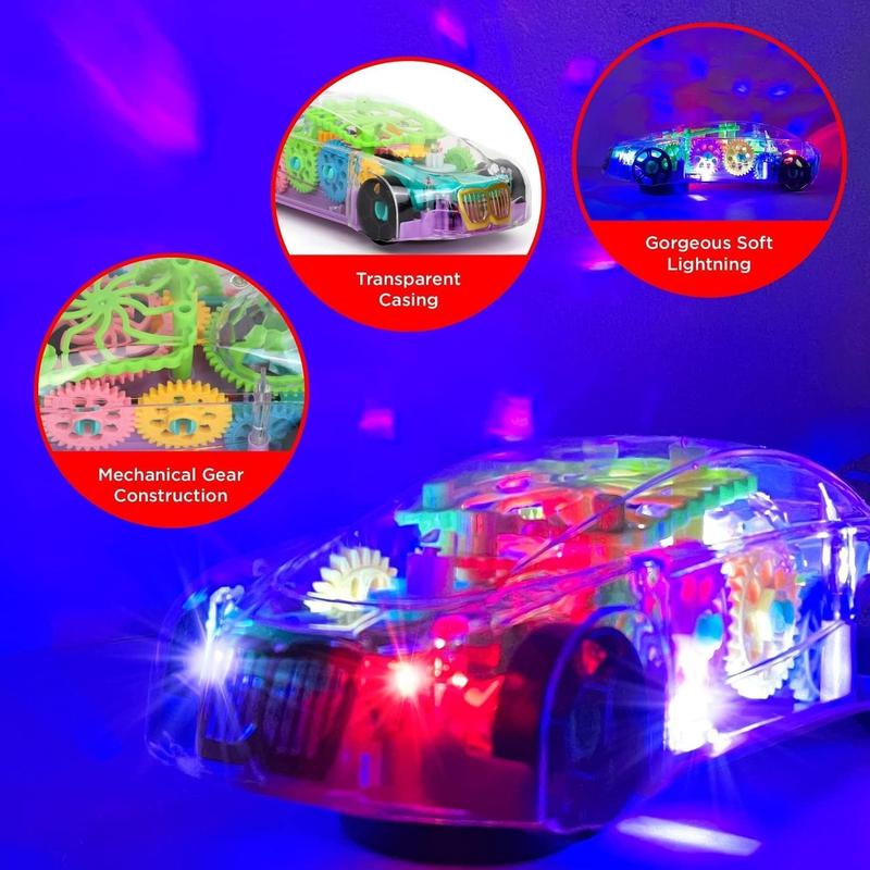 Light up Car, Sensory Transparent Toy for Kids, Toddlers - Bump and Go Racing Car with Moving Gears, Music, & LED Lights \u2013 Educational Vehicle for Kids with Autism, Special Needs \u2013 Fun Birthday Gift