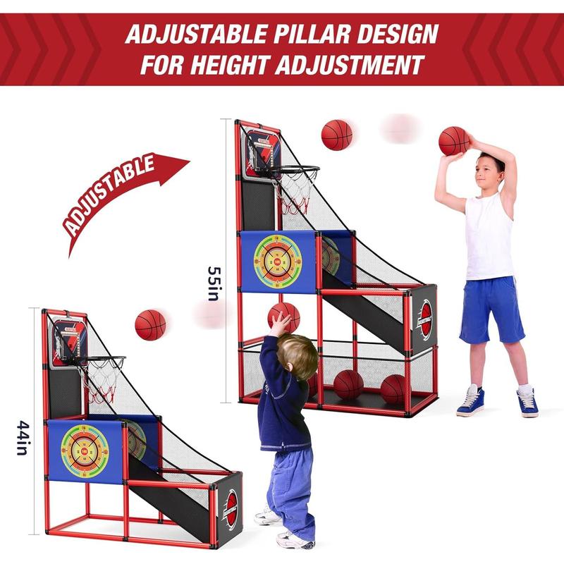 2 in 1 Basketball Arcade Game with 2 Dart Boards Electronic Scoreboard LED Light, Single Shot Kids Basketball Hoop for Home Indoor Outdoor, Sport Toys Gifts for Boys Girls Ages 3-12 Years Old