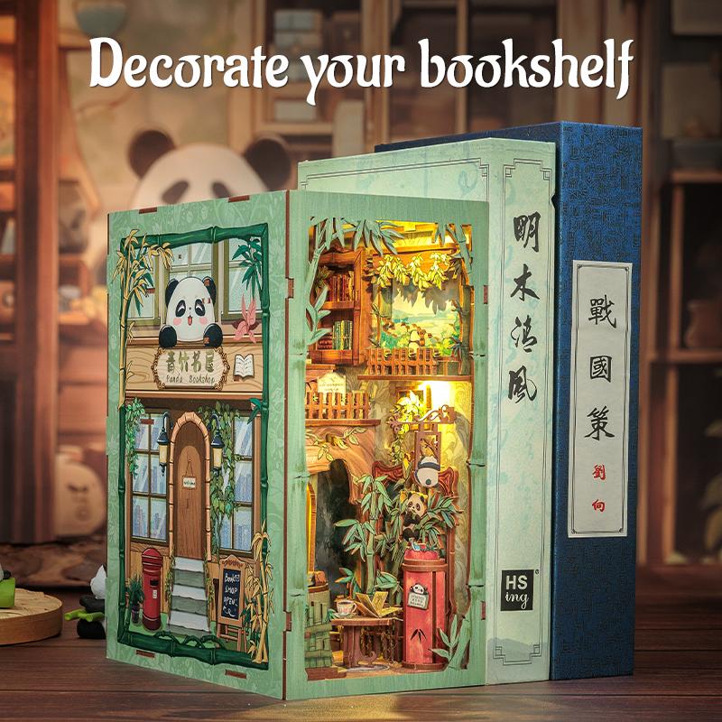 CUTEBEE DIY Book Nook Kit with Dust Cover and LED Light, Wooden Miniature House Kit Bookshelf Insert Booknook Bookend Stand Bookcase Model Build Creativity Kit Decor Alley