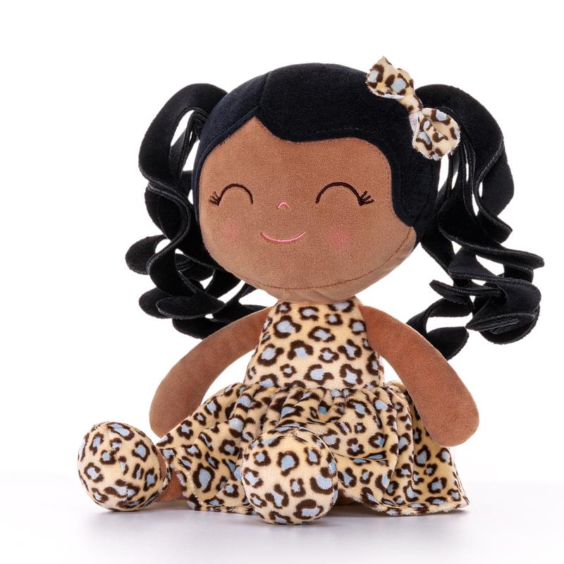 Gloveleya Plush Doll Soft Dolls Baby Girl Gift Christmas Gifts Curly Hair Leopard Dress Tanned Skin Tone 12inches Aged 0-6