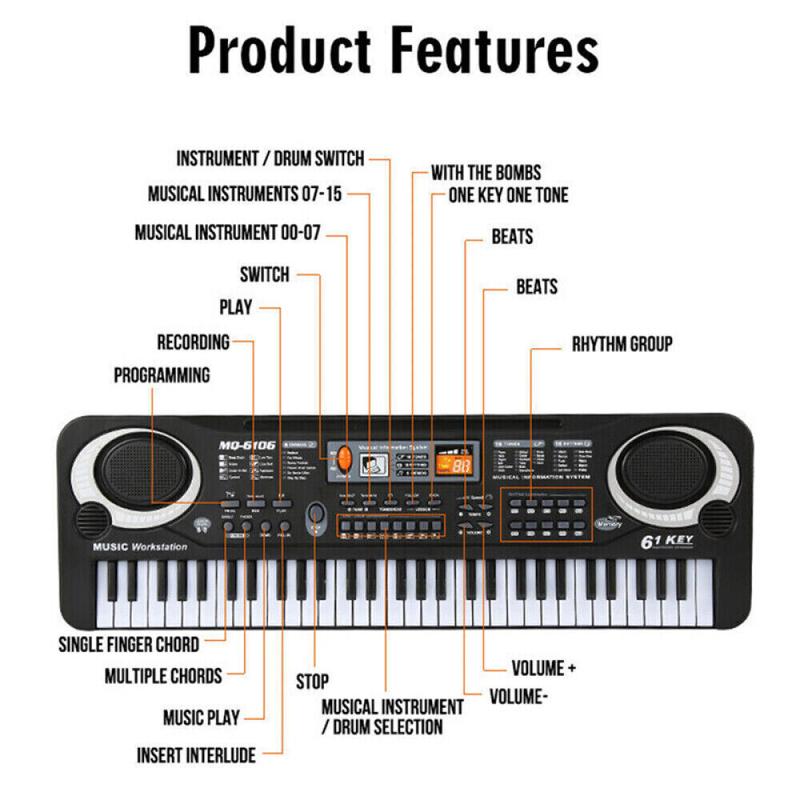 Electronic Keyboard Digital Music Electric Piano with Microphone , 61 Black And White Keys , For Kids Child Beginner Starter