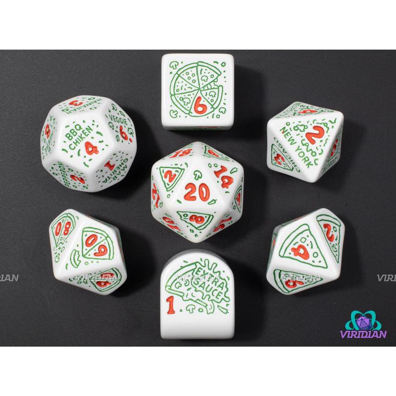 Pizza: Pepperoni | White with Green Pizza & Toppings Designs | Acrylic Dice Set (7)