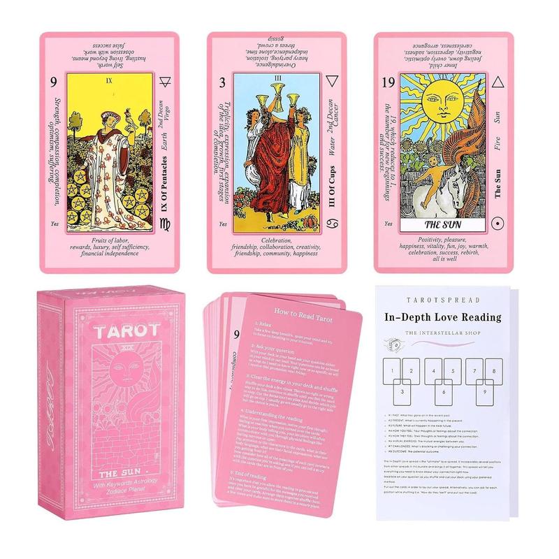 Pink Tarot Cards Deck Set for Beginners with Meanings On Them-Tarot Card with Guidebook-(Free Velvet Tarot Bag Pouch)