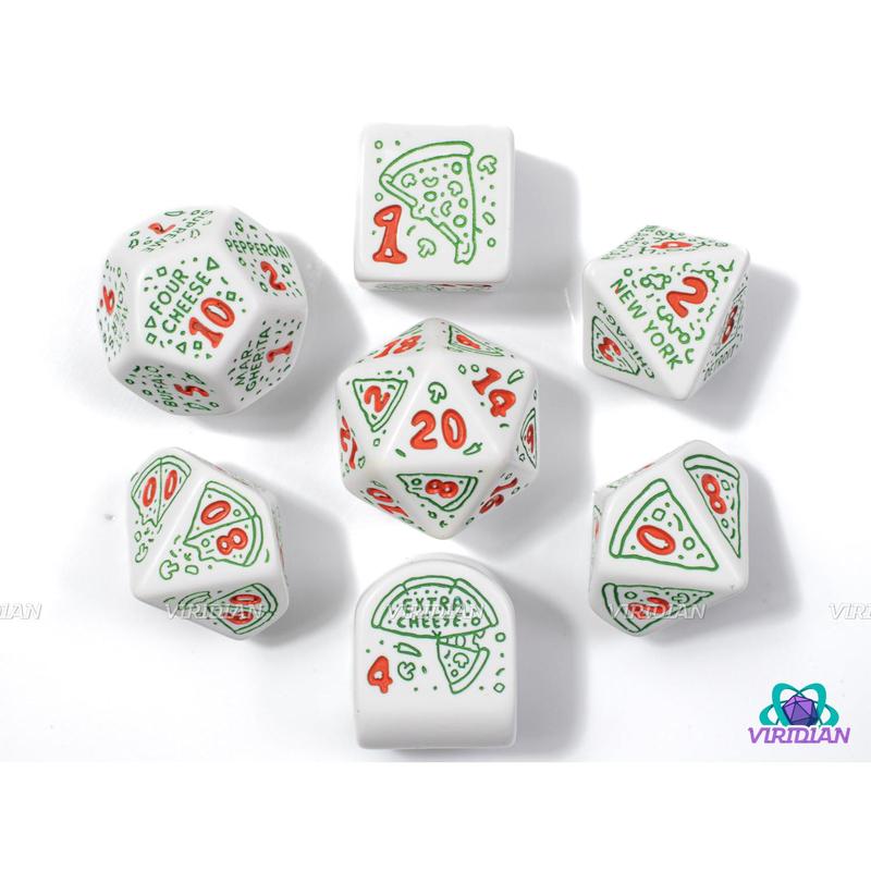 Pizza: Pepperoni | White with Green Pizza & Toppings Designs | Acrylic Dice Set (7)