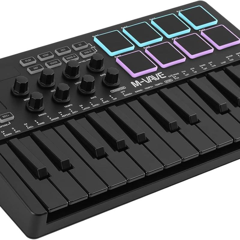 M-WAVE 25 Key USB MIDI Keyboard Controller With 8 Backlit Drum Pads, Bluetooth Semi Weighted Professional dynamic keybed 8 Knobs and Music Production,Software Included (Black)