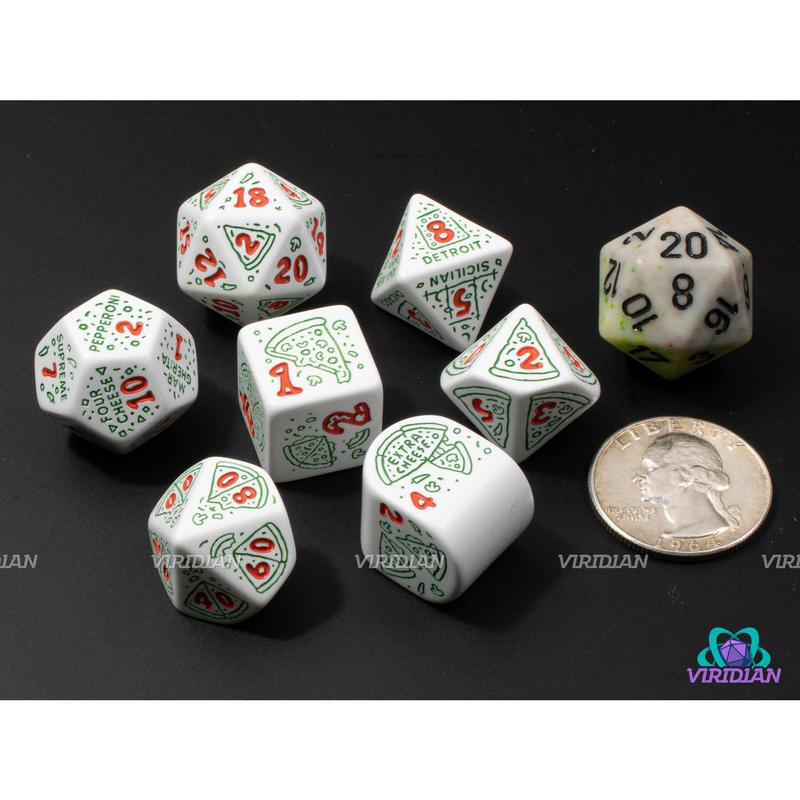 Pizza: Pepperoni | White with Green Pizza & Toppings Designs | Acrylic Dice Set (7)