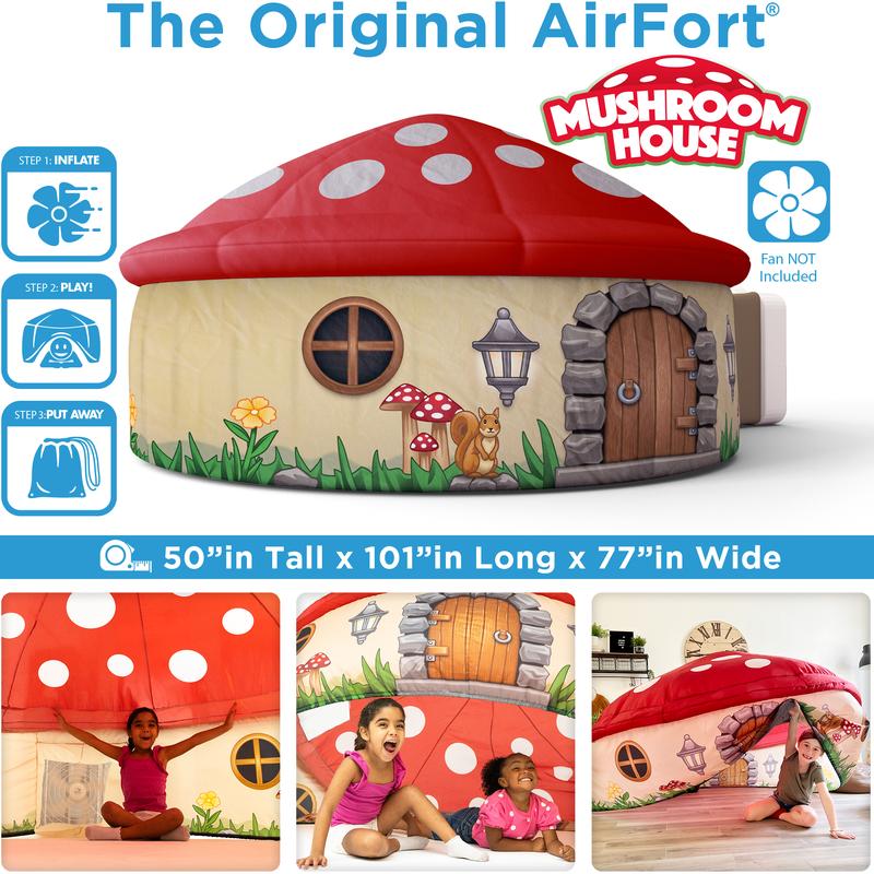 The Original Patented AirFort - Build A Fort in 30 Seconds, Inflatable Fort for Kids, Play Tent for 3-12 years, A Playhouse Where Imagination Runs Wild, Fan not included (Mushroom House) indoor tent