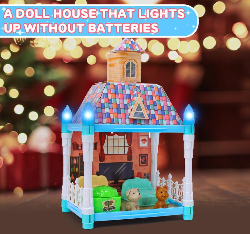 Glow-In-The-Dark Dollhouse With A Colorful Double-Layered Roof,Two Pieces of Furniture, Two Puppies, and Six Potted Plants,Toys Suitable for Playing House gift for mom mother's day