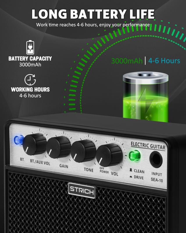 STRICH 10W Mini Guiatr Amp, Portable, Rechargeable Electric Guitar Practice Amplifier with Clean & Drive Channels guitaraccessories