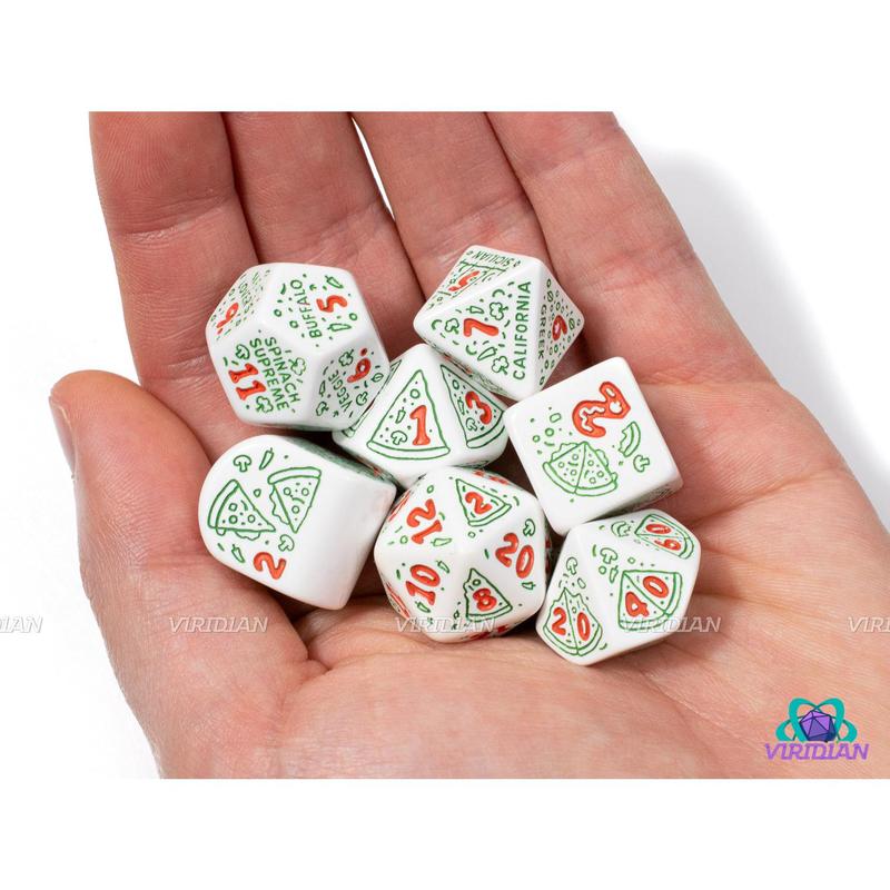 Pizza: Pepperoni | White with Green Pizza & Toppings Designs | Acrylic Dice Set (7)