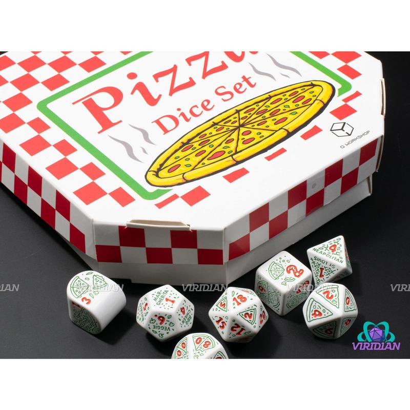 Pizza: Pepperoni | White with Green Pizza & Toppings Designs | Acrylic Dice Set (7)