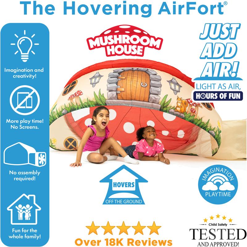 The Original Patented AirFort - Build A Fort in 30 Seconds, Inflatable Fort for Kids, Play Tent for 3-12 years, A Playhouse Where Imagination Runs Wild, Fan not included (Mushroom House) indoor tent