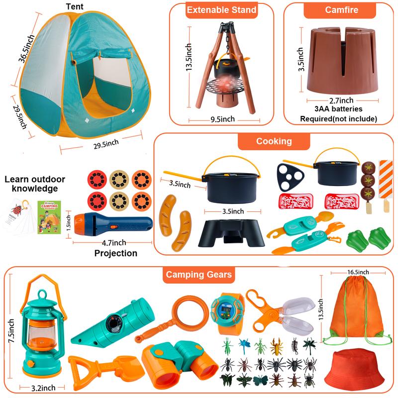 Qtioucp Kids Camping Set 50pcs with Tent & Space Projector and more, Pretend Play Camp Gear Tools for Kids