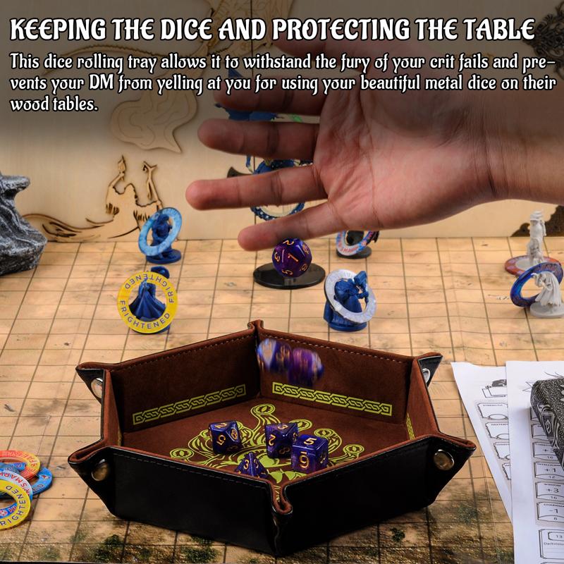 D&D Dice Tray PU Leather Hexagon Dice Holder Printed with Beholder Portable and Foldable Dice Rolling Mat for Board Game and Tabletop RPG