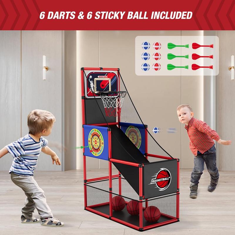 2 in 1 Basketball Arcade Game with 2 Dart Boards Electronic Scoreboard LED Light, Single Shot Kids Basketball Hoop for Home Indoor Outdoor, Sport Toys Gifts for Boys Girls Ages 3-12 Years Old