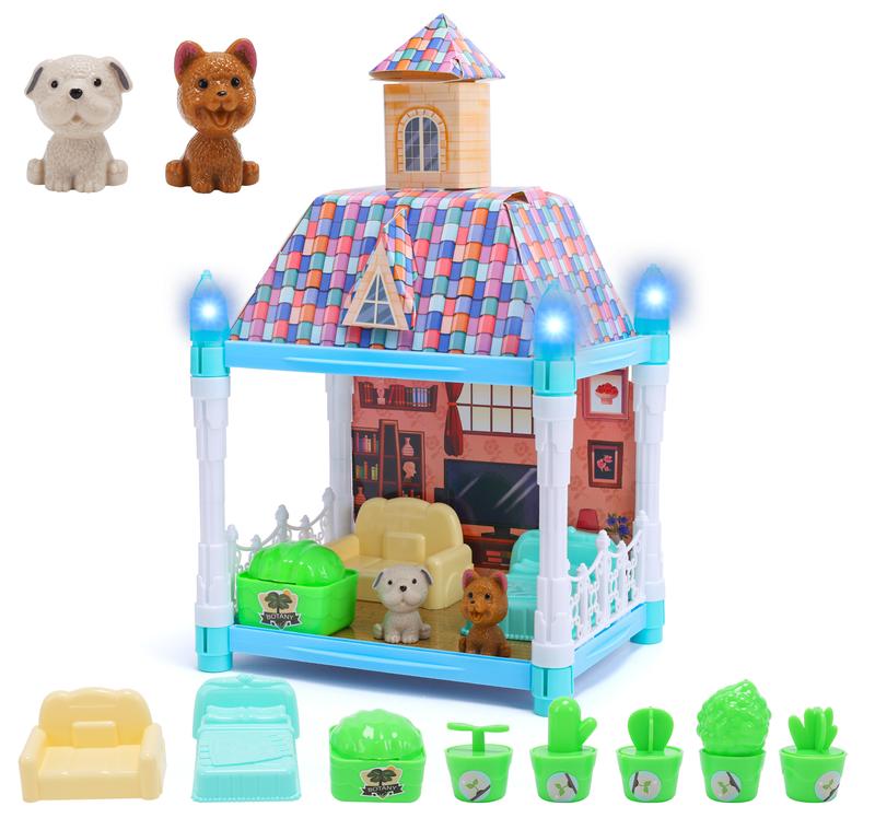 Glow-In-The-Dark Dollhouse With A Colorful Double-Layered Roof,Two Pieces of Furniture, Two Puppies, and Six Potted Plants,Toys Suitable for Playing House gift for mom mother's day