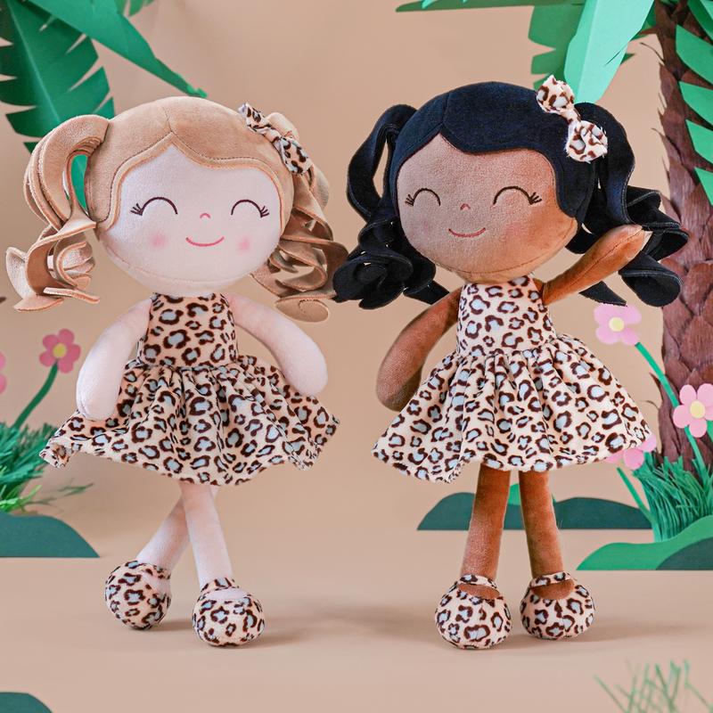 Gloveleya Plush Doll Soft Dolls Baby Girl Gift Christmas Gifts Curly Hair Leopard Dress Tanned Skin Tone 12inches Aged 0-6