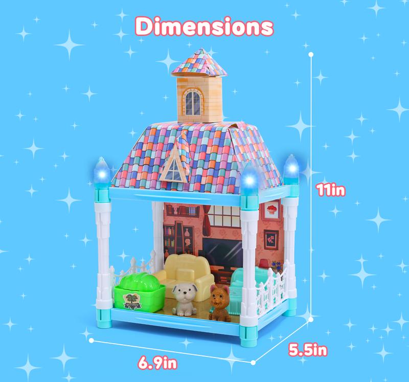 Glow-In-The-Dark Dollhouse With A Colorful Double-Layered Roof,Two Pieces of Furniture, Two Puppies, and Six Potted Plants,Toys Suitable for Playing House gift for mom mother's day