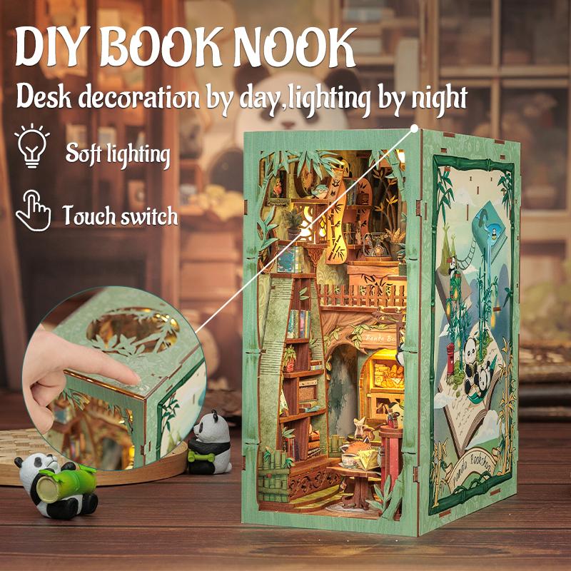 CUTEBEE DIY Book Nook Kit with Dust Cover and LED Light, Wooden Miniature House Kit Bookshelf Insert Booknook Bookend Stand Bookcase Model Build Creativity Kit Decor Alley