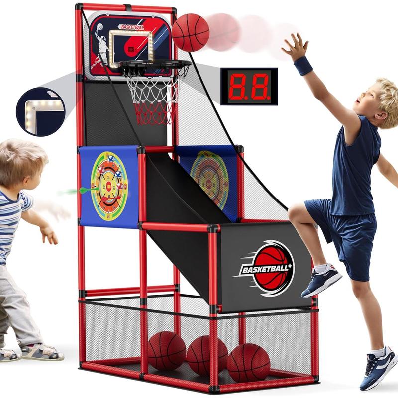 2 in 1 Basketball Arcade Game with 2 Dart Boards Electronic Scoreboard LED Light, Single Shot Kids Basketball Hoop for Home Indoor Outdoor, Sport Toys Gifts for Boys Girls Ages 3-12 Years Old