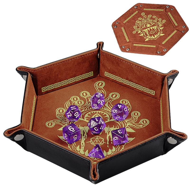 D&D Dice Tray PU Leather Hexagon Dice Holder Printed with Beholder Portable and Foldable Dice Rolling Mat for Board Game and Tabletop RPG