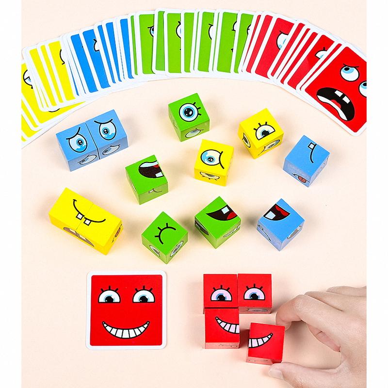 Wooden Expressions Face-Changing Cube Building Blocks Matching Block Board Games Puzzle Games For Family