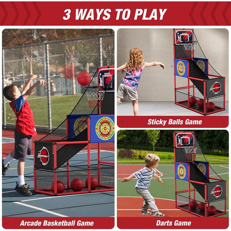 2 in 1 Basketball Arcade Game with 2 Dart Boards Electronic Scoreboard LED Light, Single Shot Kids Basketball Hoop for Home Indoor Outdoor, Sport Toys Gifts for Boys Girls Ages 3-12 Years Old