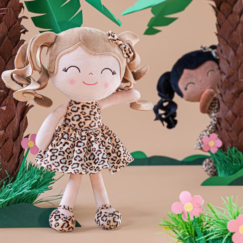 Gloveleya Plush Doll Soft Dolls Baby Girl Gift Christmas Gifts Curly Hair Leopard Dress Tanned Skin Tone 12inches Aged 0-6