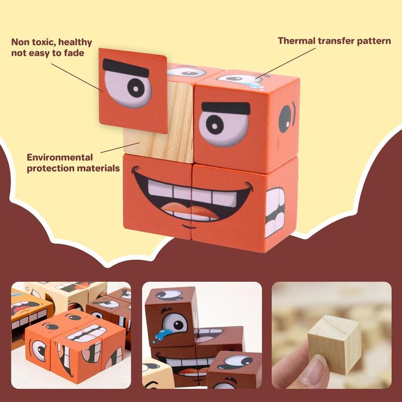 Face Change Cube Game, Face Blocks Wooden Face Changing Magic Cube Game with Bell Mini Expression Puzzle Building Blocks Game Kids Toy Boys Girls