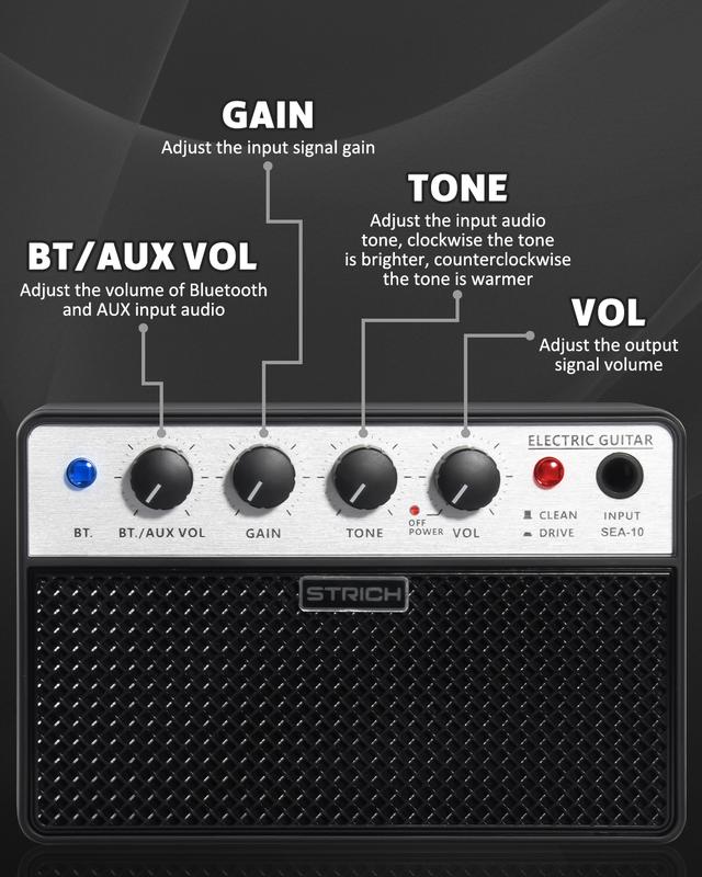 STRICH 10W Mini Guiatr Amp, Portable, Rechargeable Electric Guitar Practice Amplifier with Clean & Drive Channels guitaraccessories