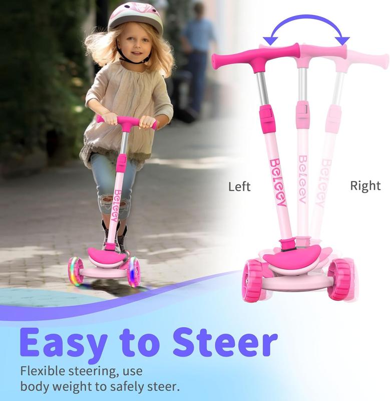 BELEEV A8 Scooter for Kids Ages 3-12, 3 Wheel Folding Scooter for Toddlers Girls Boys, LED Light-Up Wheels, 4 Adjustable Height, Lean to Steer, Extra Wide Wheels, Three Wheel Kick Scooter for Children