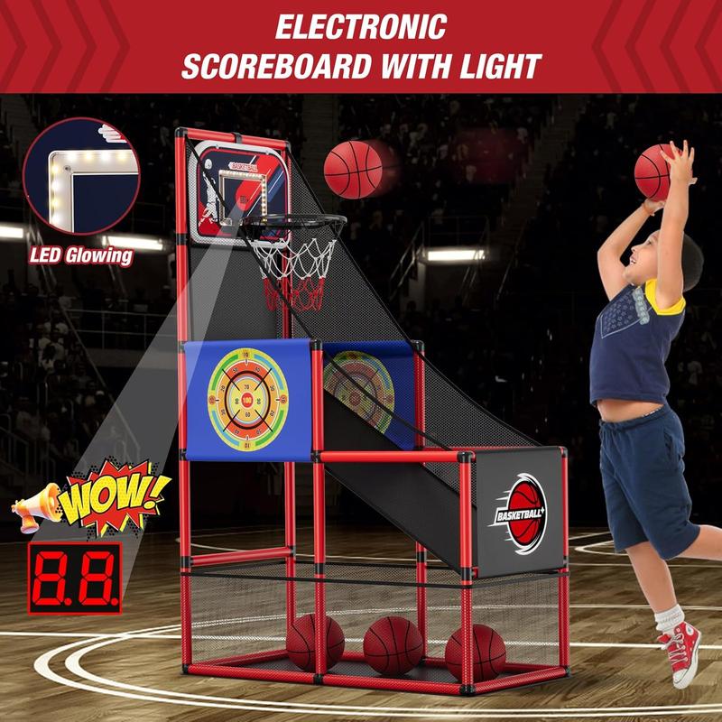 2 in 1 Basketball Arcade Game with 2 Dart Boards Electronic Scoreboard LED Light, Single Shot Kids Basketball Hoop for Home Indoor Outdoor, Sport Toys Gifts for Boys Girls Ages 3-12 Years Old