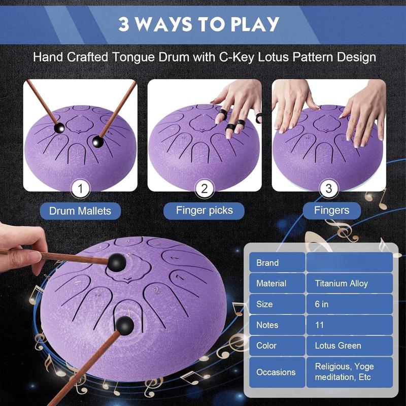 Steel Tongue Drum- 11 Note 6 Inches C-key Rain Drum Sound Healing Instruments - Handpan Drum for Meditation Entertainment Musical Education Concert Mind Healing Yoga (Lavender)