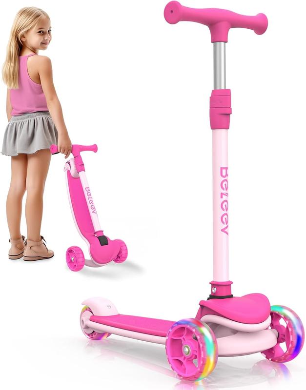 BELEEV A8 Scooter for Kids Ages 3-12, 3 Wheel Folding Scooter for Toddlers Girls Boys, LED Light-Up Wheels, 4 Adjustable Height, Lean to Steer, Extra Wide Wheels, Three Wheel Kick Scooter for Children