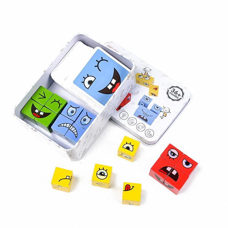 Wooden Expressions Face-Changing Cube Building Blocks Matching Block Board Games Puzzle Games For Family