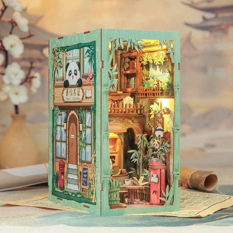 CUTEBEE DIY Book Nook Kit with Dust Cover and LED Light, Wooden Miniature House Kit Bookshelf Insert Booknook Bookend Stand Bookcase Model Build Creativity Kit Decor Alley