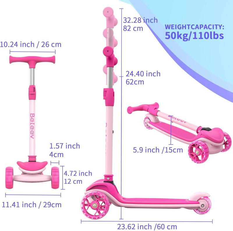 BELEEV A8 Scooter for Kids Ages 3-12, 3 Wheel Folding Scooter for Toddlers Girls Boys, LED Light-Up Wheels, 4 Adjustable Height, Lean to Steer, Extra Wide Wheels, Three Wheel Kick Scooter for Children