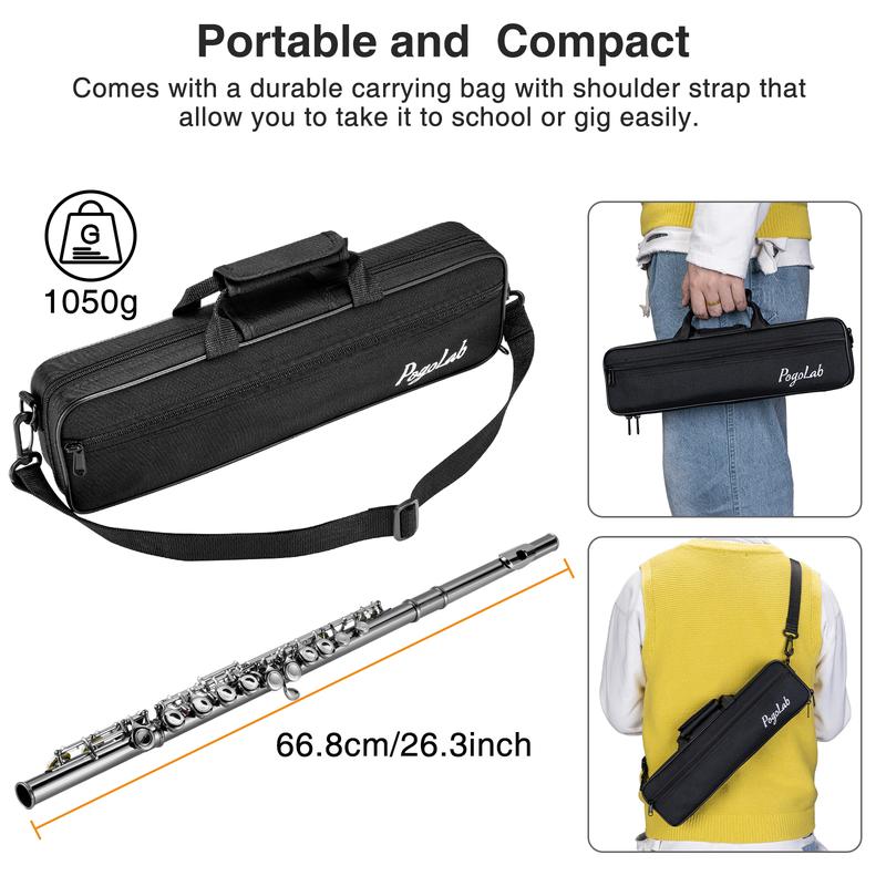 POGOLAB Flutes, Closed Hole C 16 Keys Flute Instrument, Student Flute for Beginner Advanced Player with Flute Cleaning Kit, Carry Bag, Stand, Strap, Probe Rod, Gloves