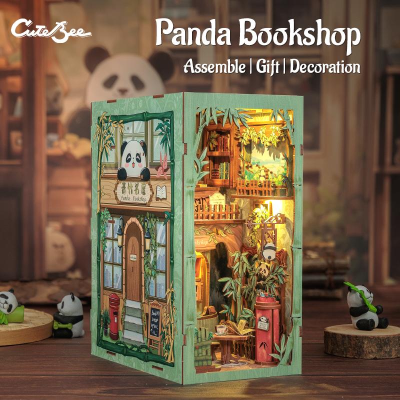 CUTEBEE DIY Book Nook Kit with Dust Cover and LED Light, Wooden Miniature House Kit Bookshelf Insert Booknook Bookend Stand Bookcase Model Build Creativity Kit Decor Alley