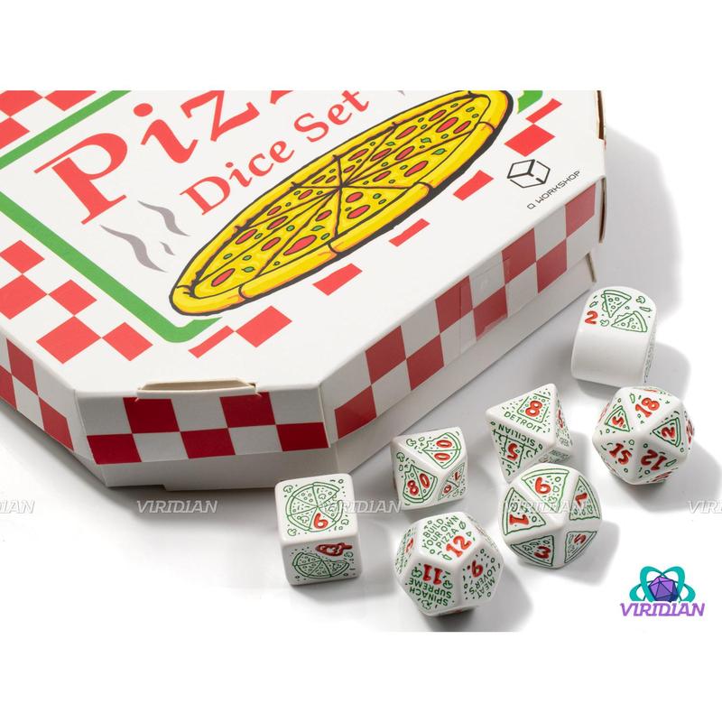 Pizza: Pepperoni | White with Green Pizza & Toppings Designs | Acrylic Dice Set (7)