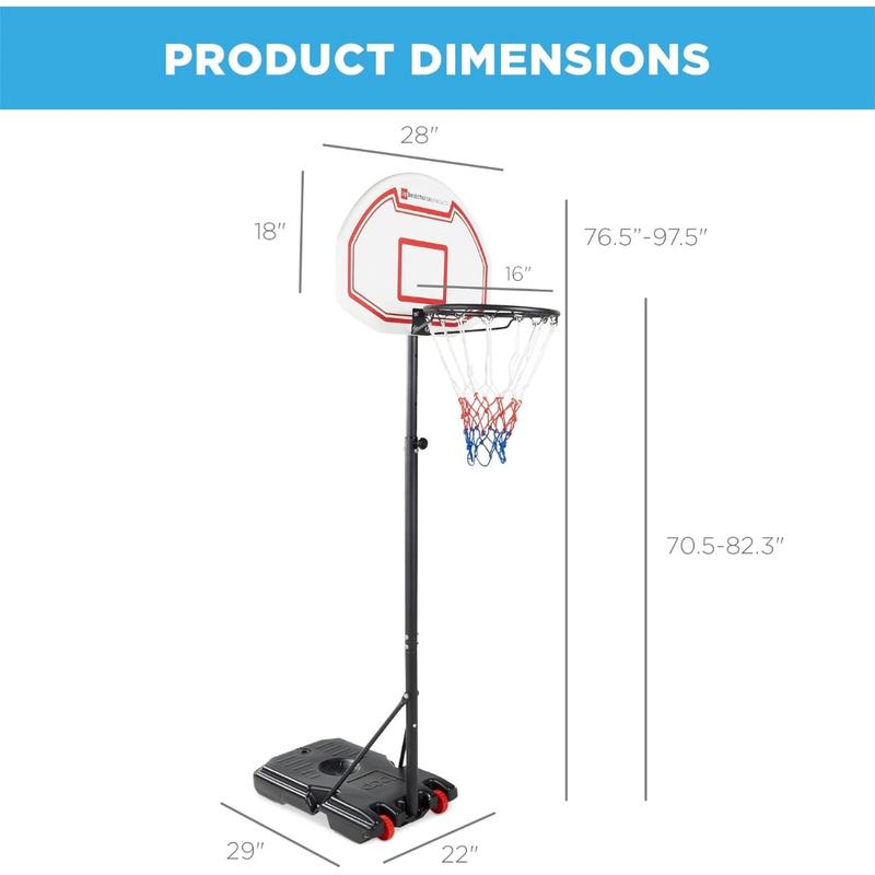 Height-Adjustable Basketball Hoop, Portable Backboard Set w  2 Wheels, Fillable Base, 70.5in to 82.3in Tall