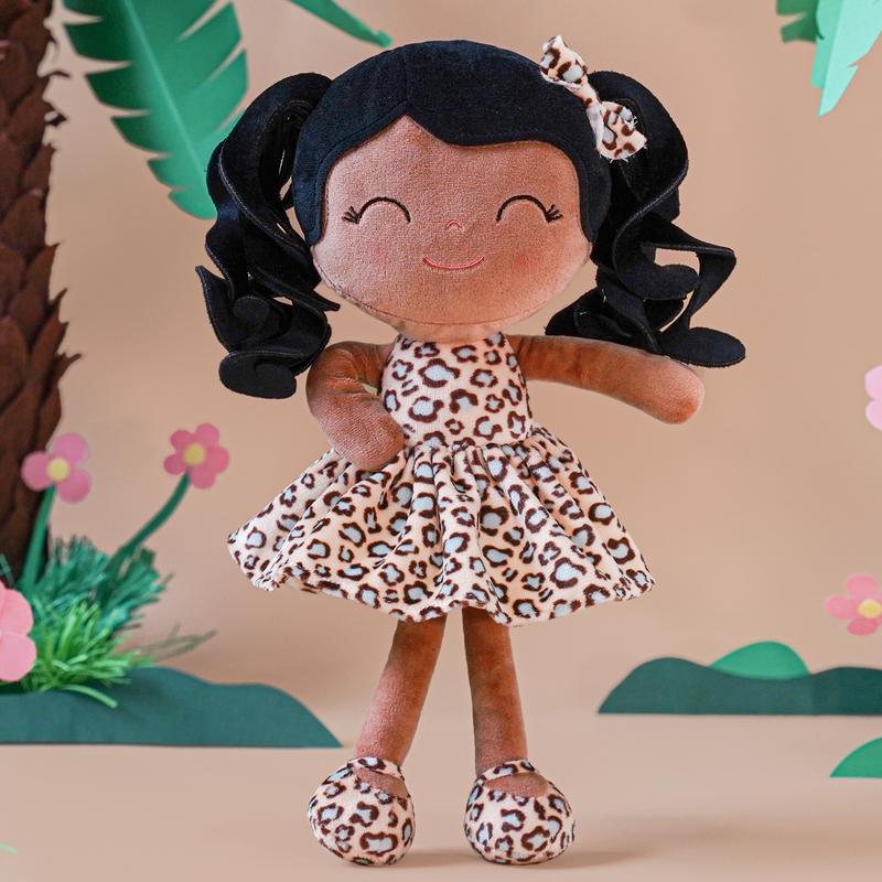 Gloveleya Plush Doll Soft Dolls Baby Girl Gift Christmas Gifts Curly Hair Leopard Dress Tanned Skin Tone 12inches Aged 0-6