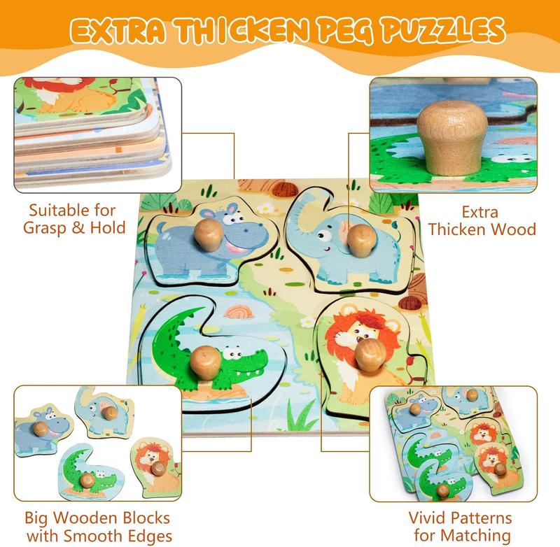 Wooden Puzzles for Toddlers, 4 count Peg Puzzles for Kids 2-4, Preschool Learning Puzzles for 2 3 Years Old, Learning & Educational Puzzle for Boys, Girls