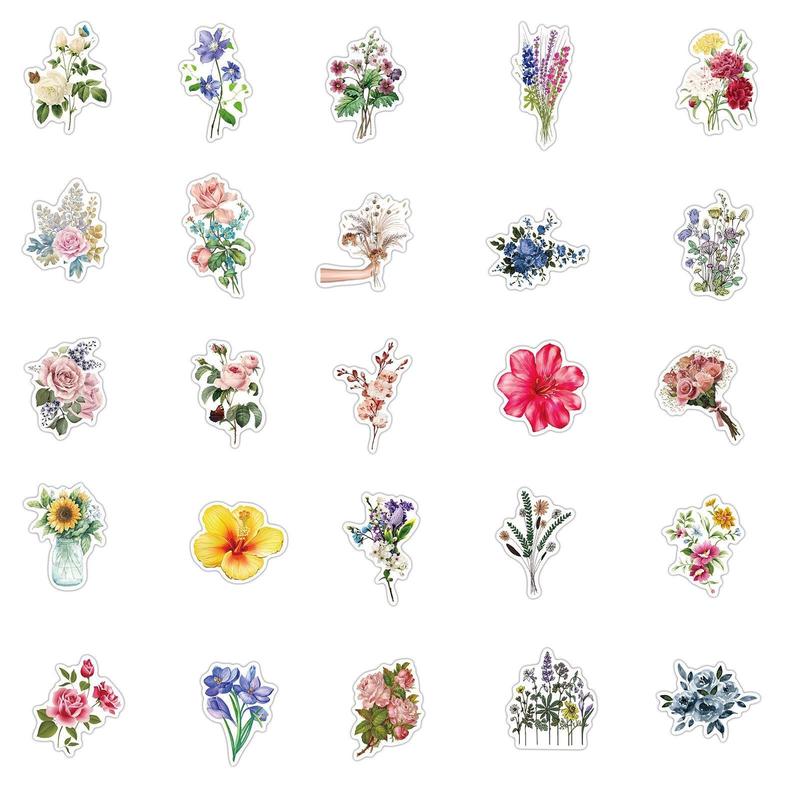 Floral Series Decorative Sticker (50pcs), Scrapbooking & Journal Making Material Paper, DIY Decorative Sticker for Stationery Computer Water Bottle, Gift Wrapping, Home Essentials, School Supplies