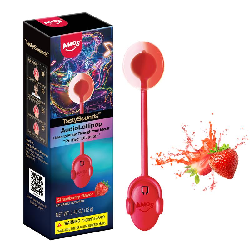 Amos Tastysounds AudioLollipop Recordable Message Singing Lollipop, Bone Conduction, stocking stuffer,Christmas,HolidaySnacks -Blueberry,Strawberry,peach