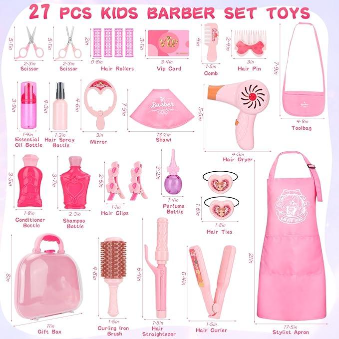 27-Piece Girls Salon Pretend Play Set, Role Play Hairstyle Set with Hair Dryer, Barber Apron and Styling Accessories Toys for Girls Ages 3-9 unicorn bag