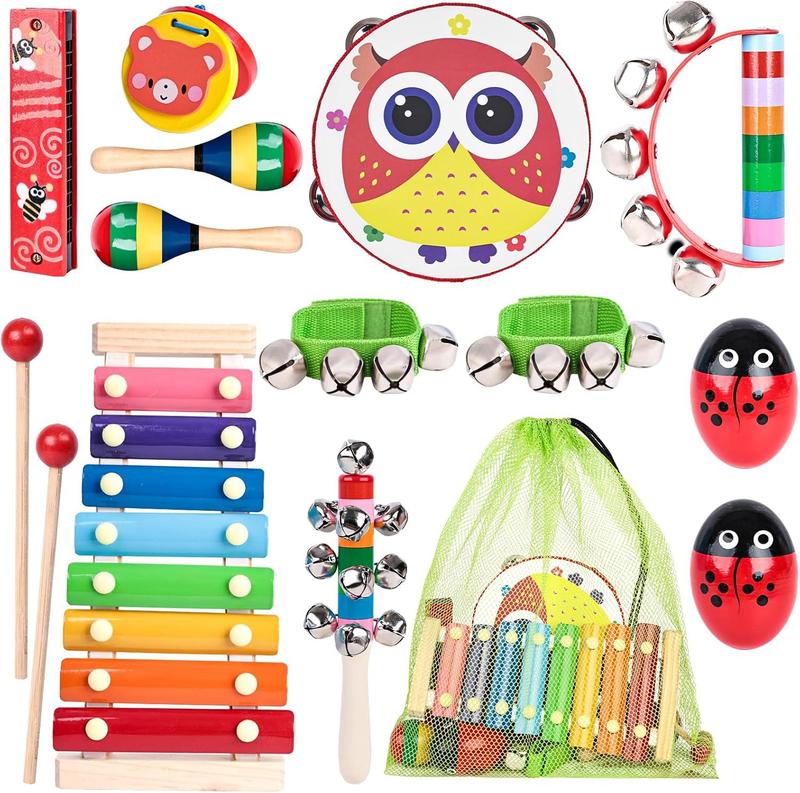 POPLAY 12PCS Toddler Musical Instruments, Wooden Percussion Instruments Toys for Toddlers Musical Toys Set with Mesh Bag Tambourine Xylophone for Baby Kids Preschool Education