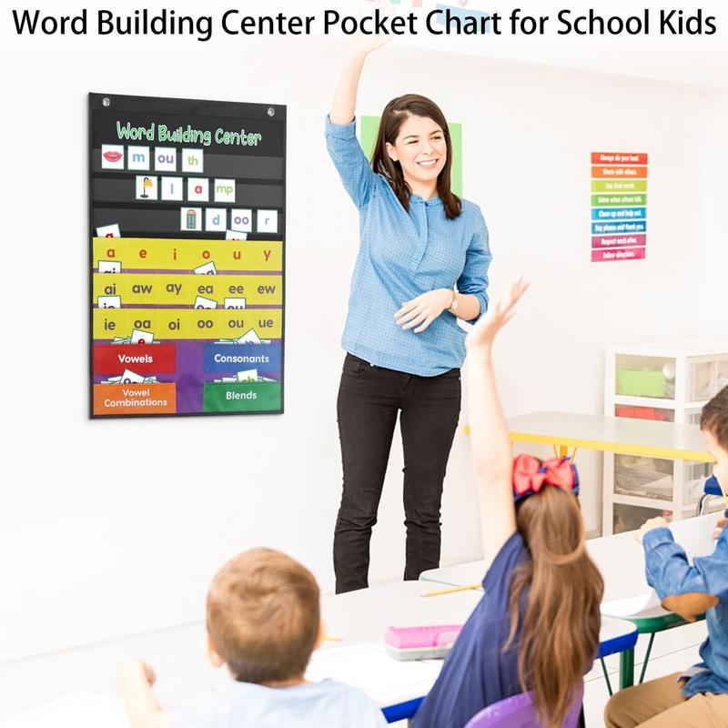 ABCKEY Word Building Center Pocket Chart for  Preschool  Resources, Syllable, Word Recognition Pocket Chart with Word Families Cards, Classroom Pocket Chart, Teacher Pocket Charts toy gift kid toddler classroom   cards educational learning