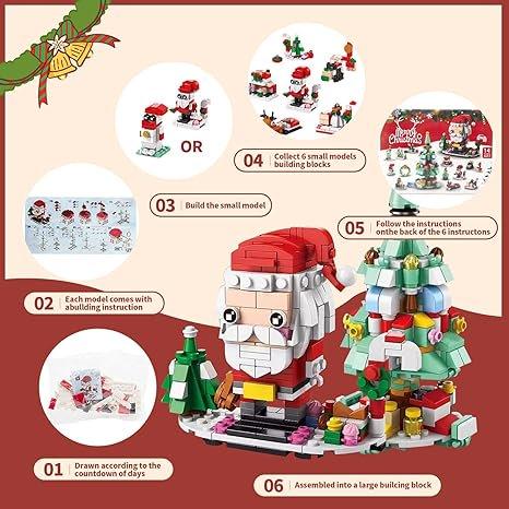 Christmas 2024 Building Blocks(605pcs) - 12 Day Countdown Calendar Gift Box - 6 in 1 Christmas Tree Elk Santa Track Car Blocks Bricks